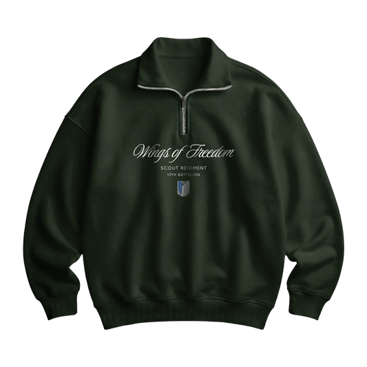 Myugen Wings Of Freedom Olive Quarter-Zip Sweatshirt Timeless Winterwear Exclusive