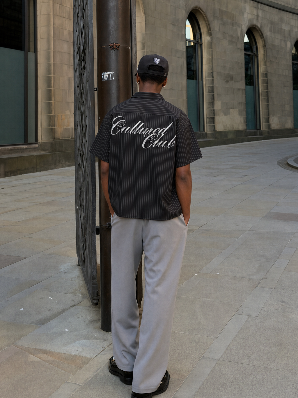 Myugen Cultured Club Striped Boxy Shirt Black – model back