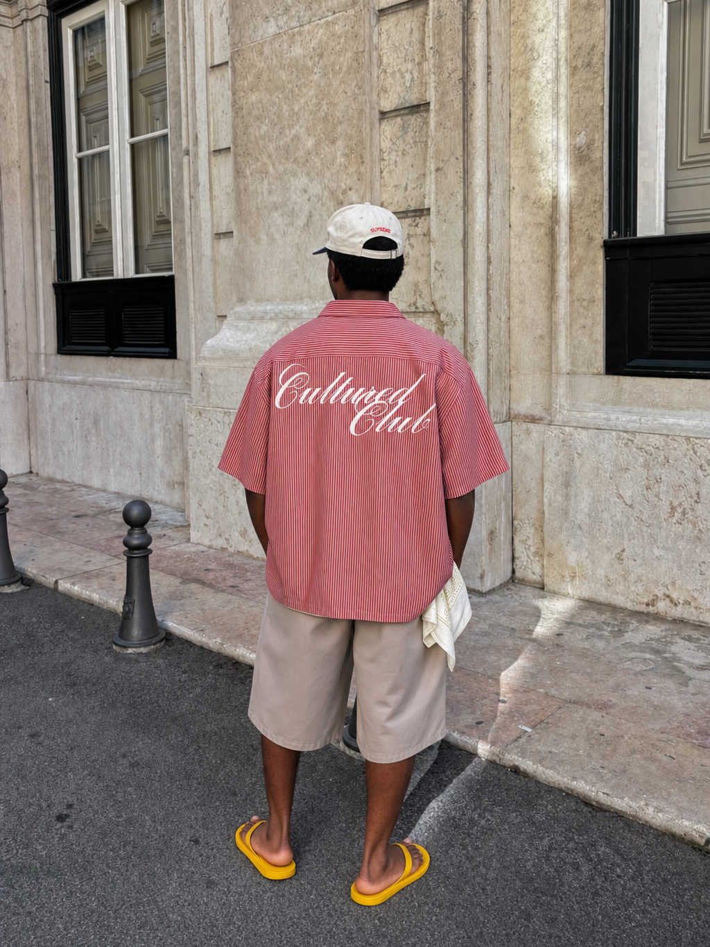 Myugen Cultured Club Striped Boxy Shirt Maroon – model back