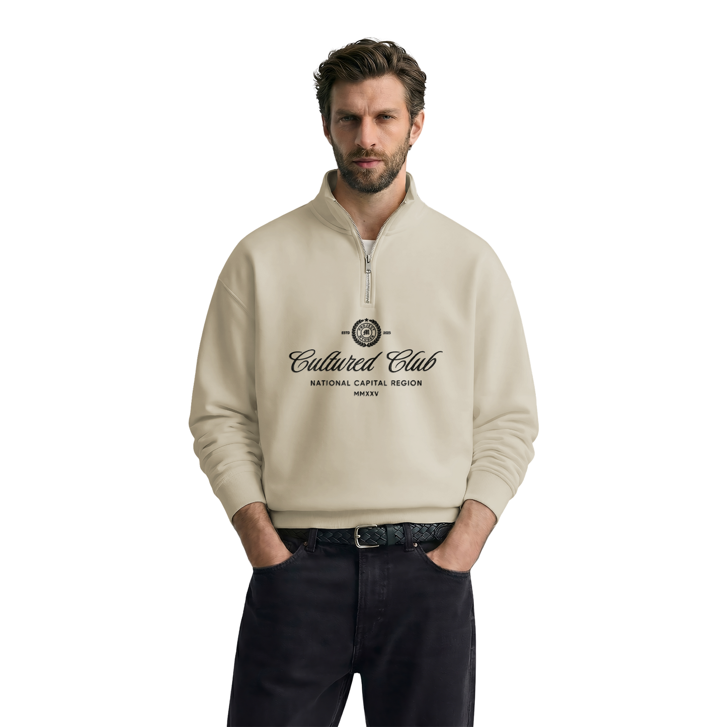 Myugen Cultured Club Beige Quarter-Zip Sweatshirt Timeless Winterwear Exclusive