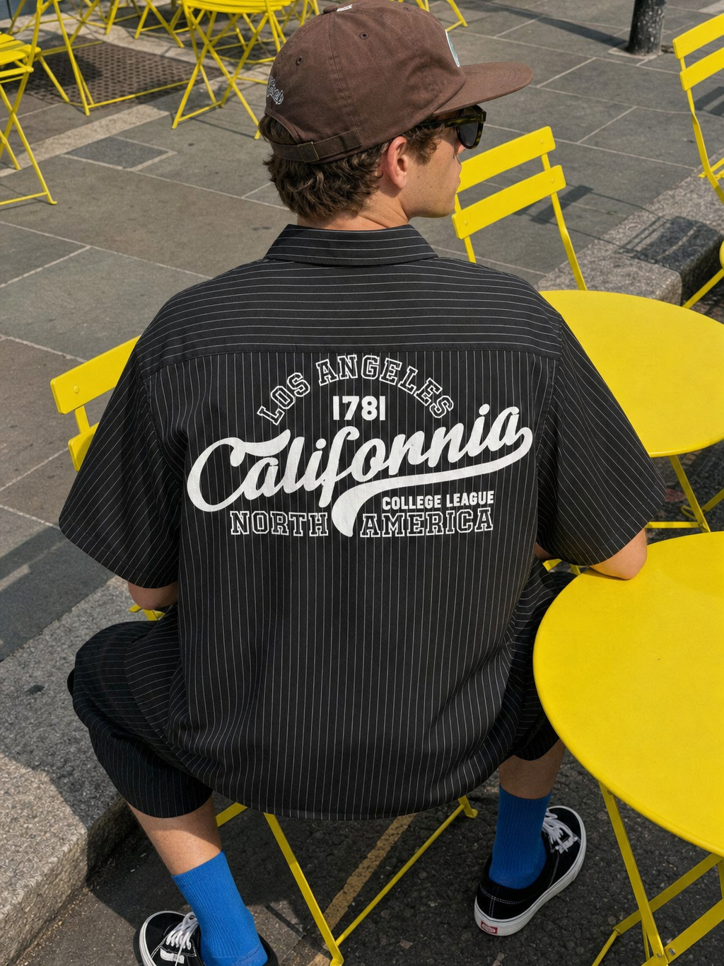 Myugen California Striped Boxy Shirt Black – model back