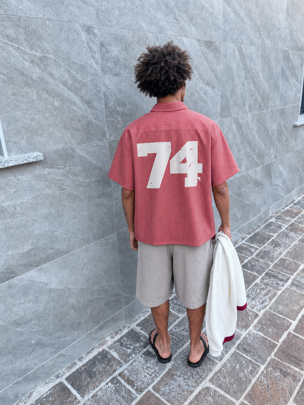 Myugen Uniform 74 Striped Boxy Shirt Maroon – model back