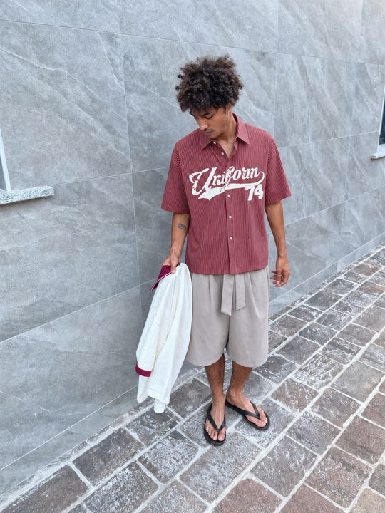 Myugen Uniform 74 Striped Boxy Shirt Maroon