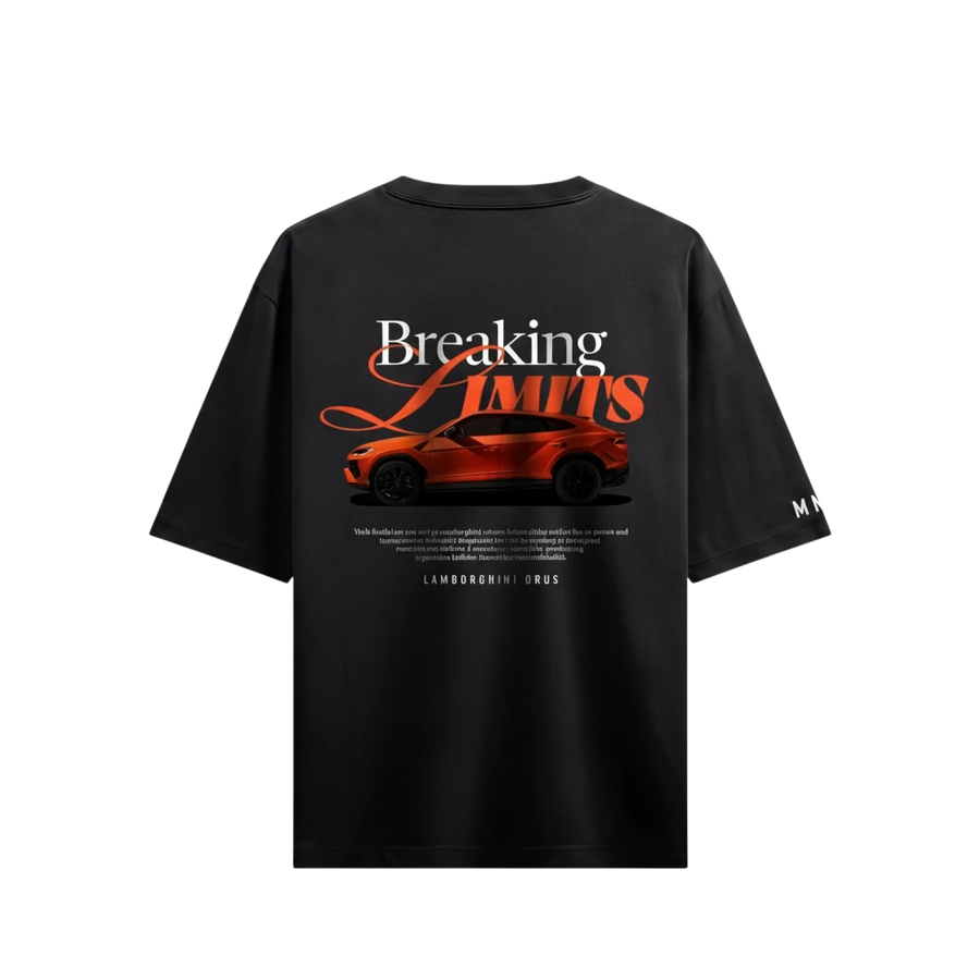 Myugen black oversized t-shirt with orange Lamborghini Urus graphic and "Breaking Limits" text.