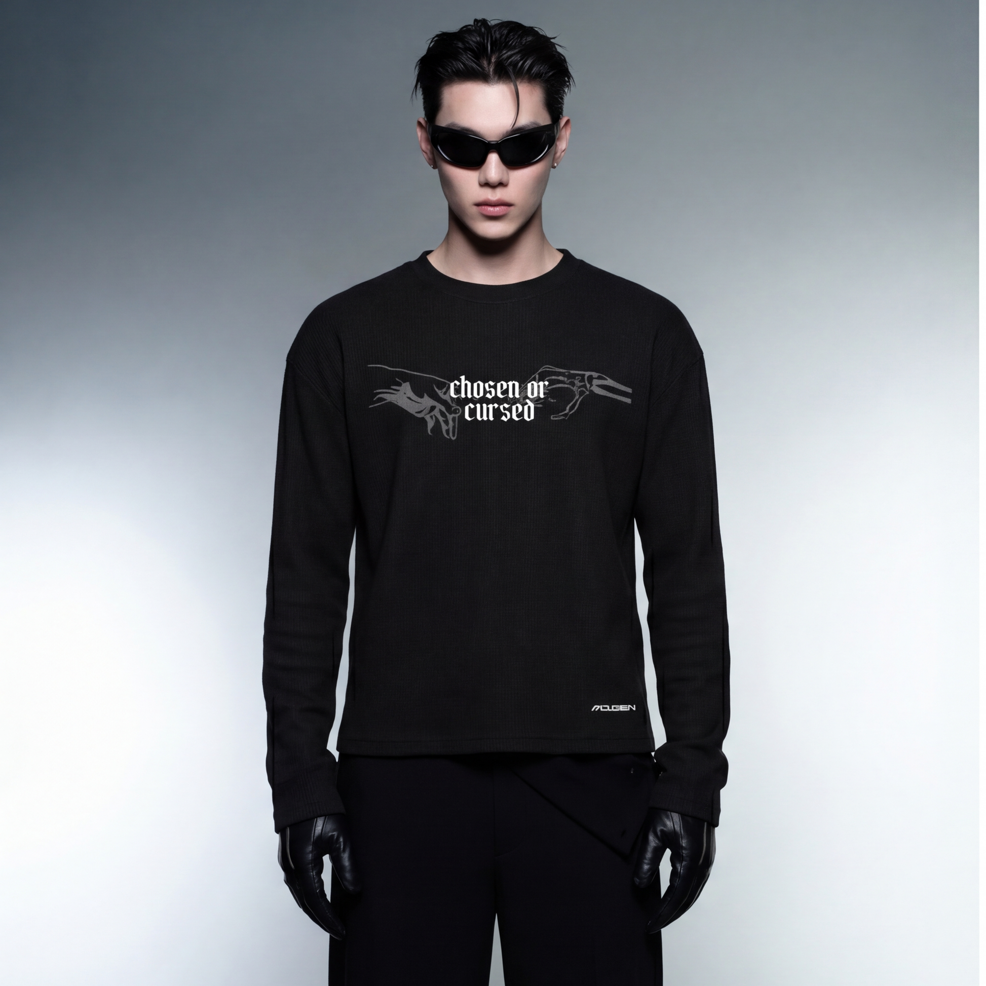 myugen-duality-waffle-long-sleeve-black model front