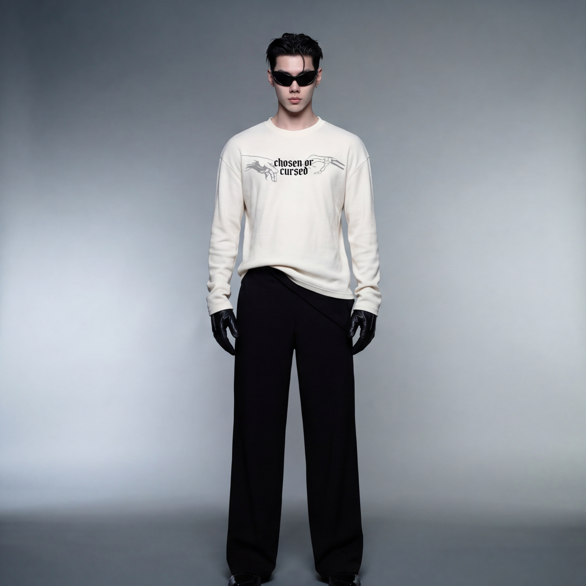 myugen-duality-waffle-long-sleeve-off-white model front